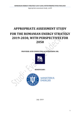 Appropriate Assessment Study for the Romanian Energy Strategy 2019-2030, with Perspectives for 2050