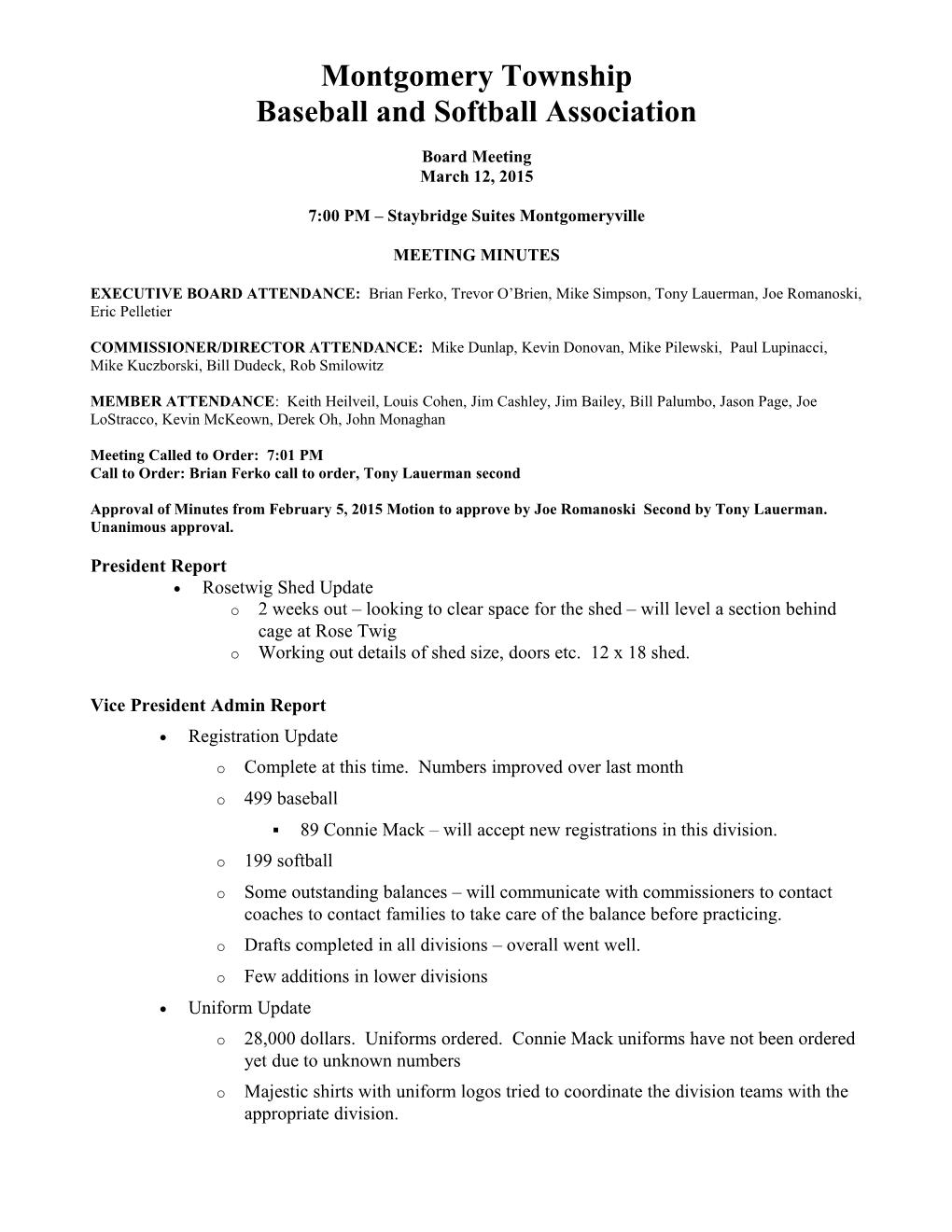 Monthly Board Meeting Minutes 2/5/2015