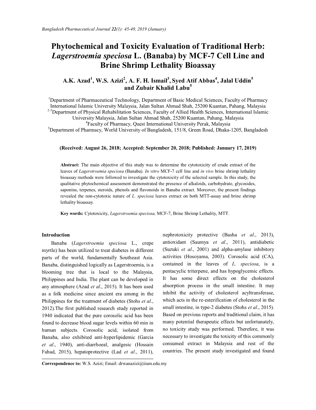 Lagerstroemia Speciosa L. (Banaba) by MCF-7 Cell Line and Brine Shrimp Lethality Bioassay