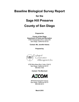 Baseline Biological Survey Report for the Sage Hill Preserve County of San Diego
