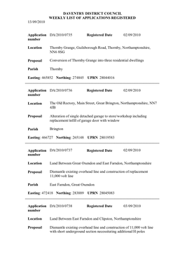 Daventry District Council Weekly List of Applications Registered 13/09/2010