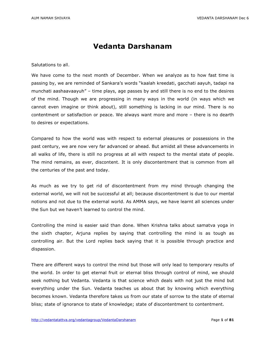 VEDANTA DARSHANAM Dec 6