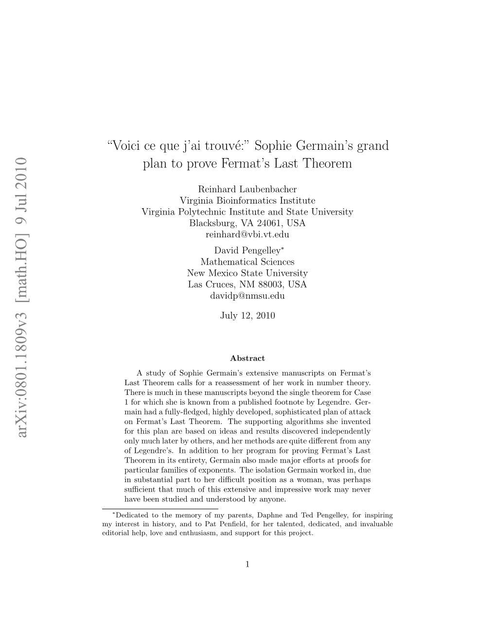 Sophie Germain's Grand Plan to Prove Fermat's Last