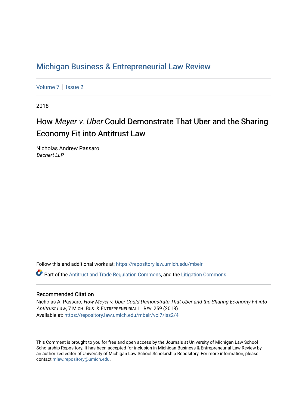 How Meyer V. Uber Could Demonstrate That Uber and the Sharing Economy Fit Into Antitrust Law