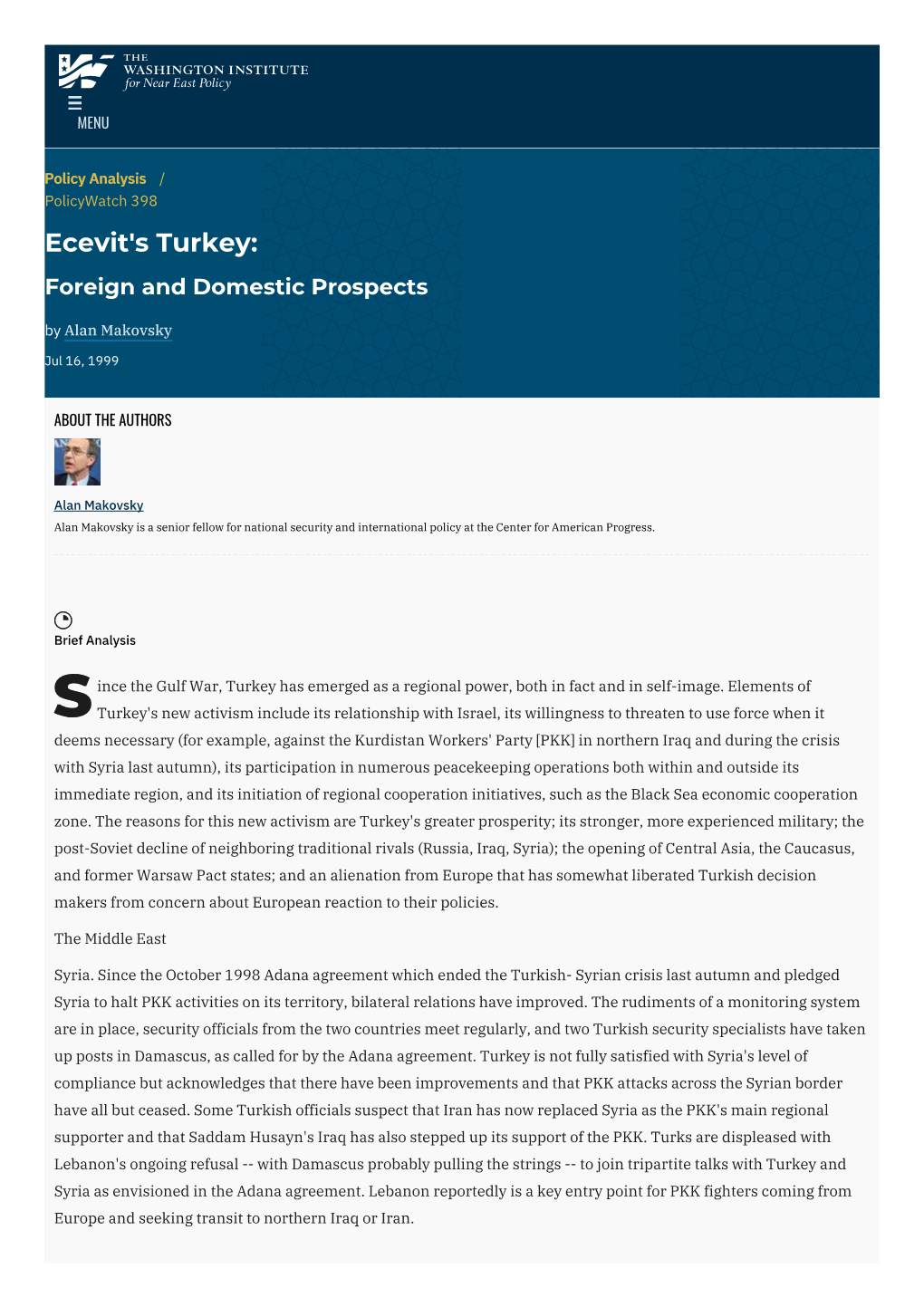 Ecevit's Turkey: Foreign and Domestic Prospects | the Washington Institute