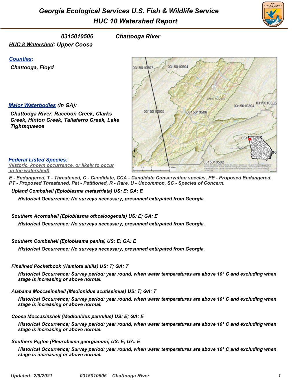 0315010506 Chattooga River HUC 8 Watershed: Upper Coosa