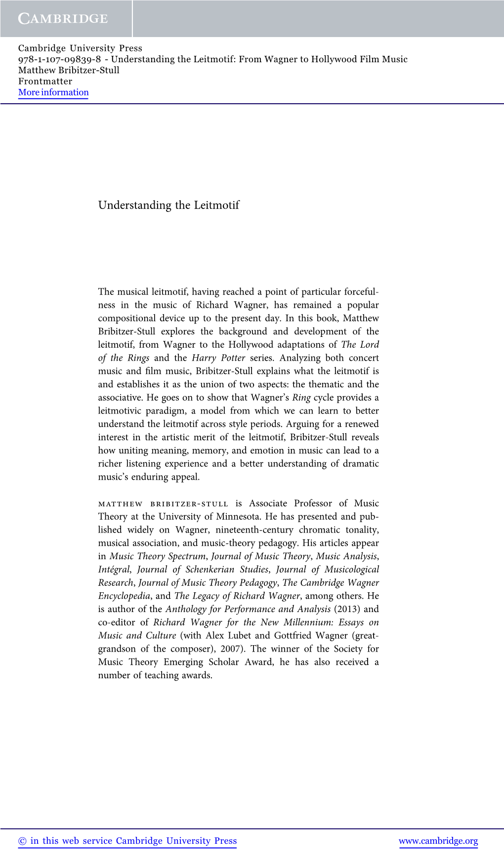 Understanding the Leitmotif: from Wagner to Hollywood Film Music Matthew Bribitzer-Stull Frontmatter More Information