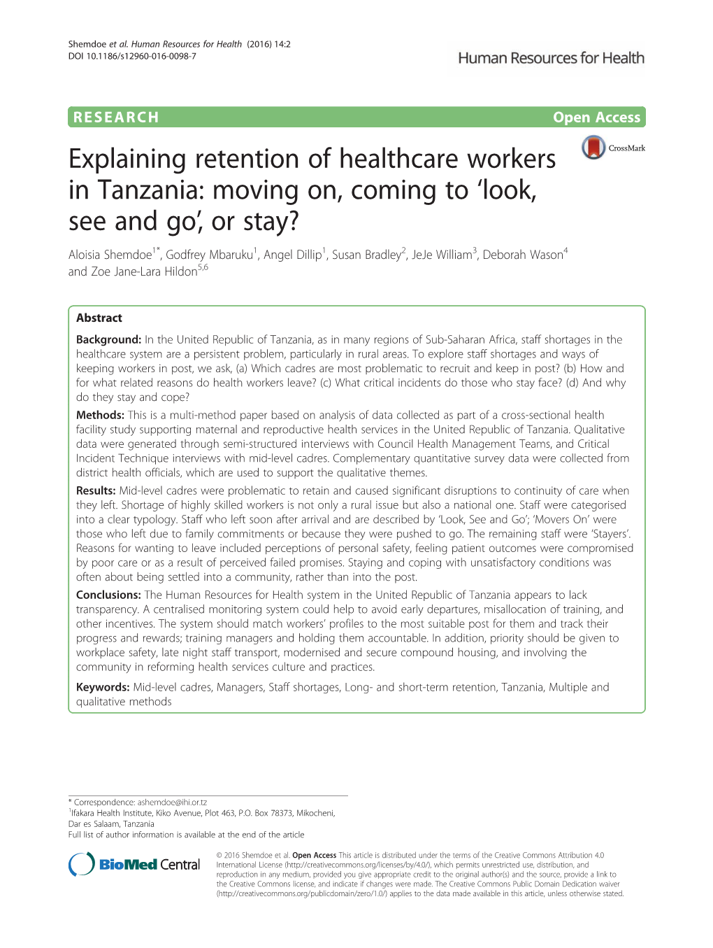 Explaining Retention of Healthcare Workers in Tanzania: Moving On