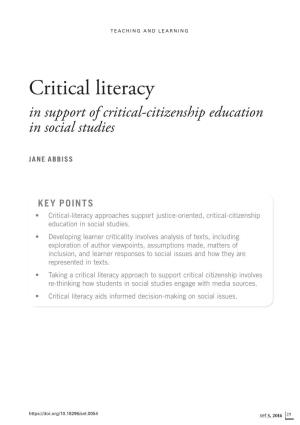 Critical Literacy in Support of Critical-Citizenship Education in Social Studies