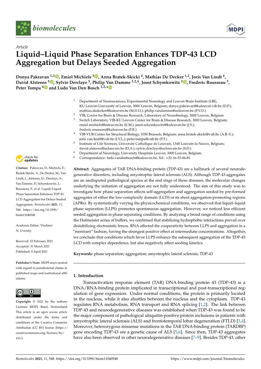 Liquid–Liquid Phase Separation Enhances TDP-43 LCD Aggregation but Delays Seeded Aggregation