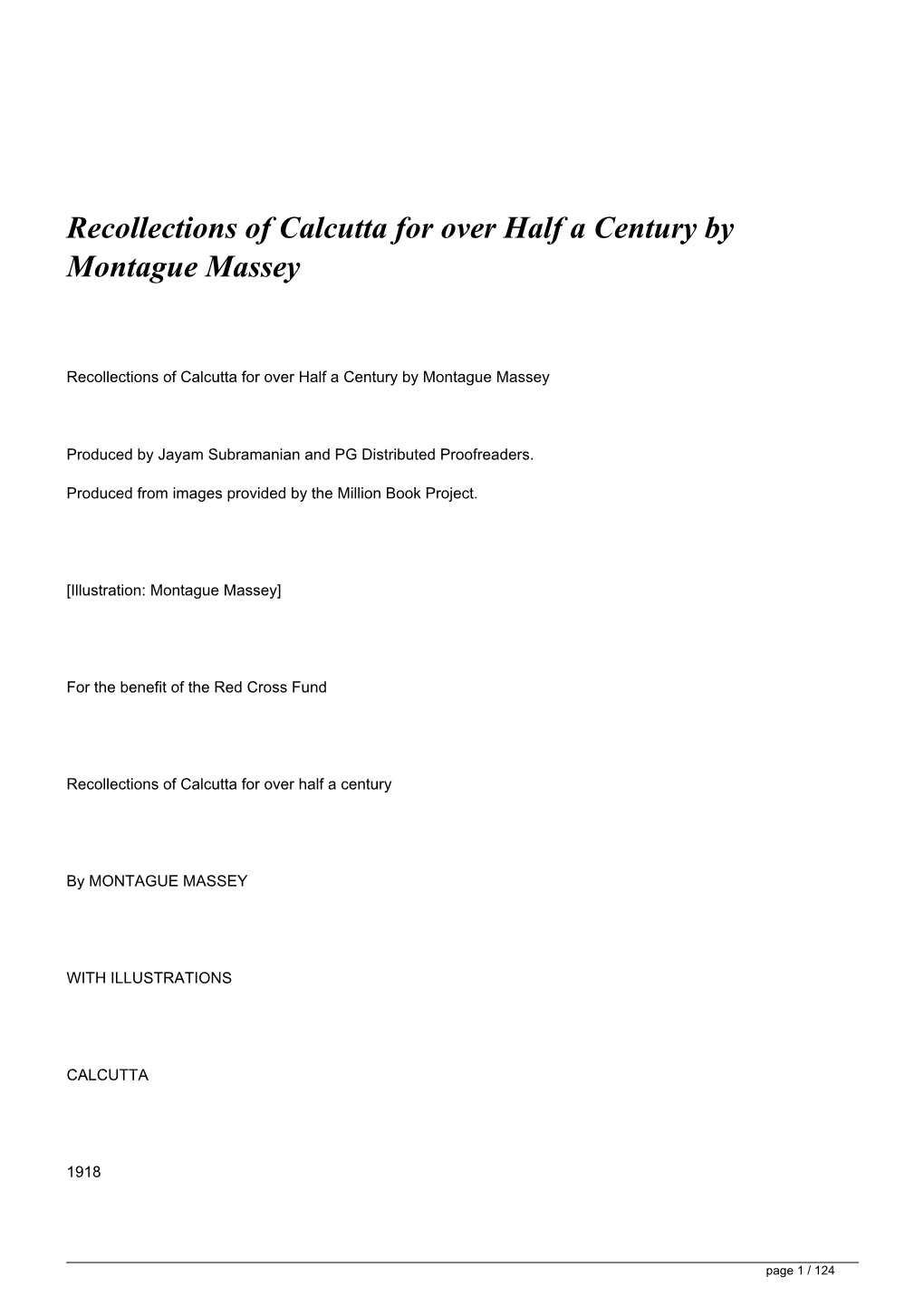 Recollections of Calcutta for Over Half a Century by Montague Massey</H1>