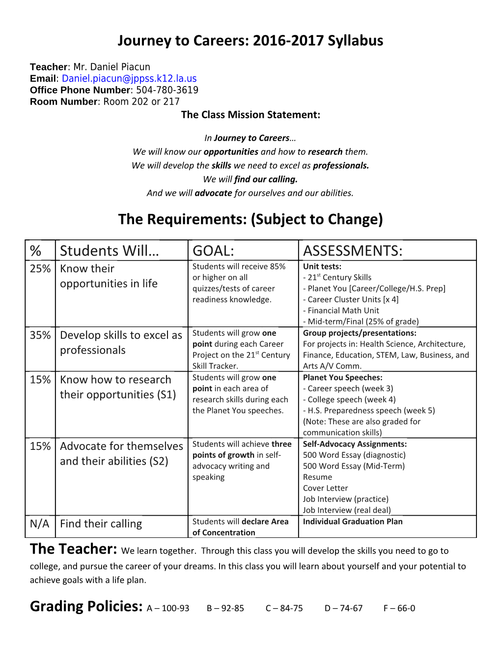 Journey to Careers: 2016-2017 Syllabus