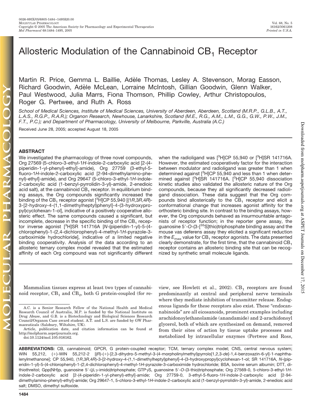 Allosteric Modulation of the Cannabinoid CB1 Receptor