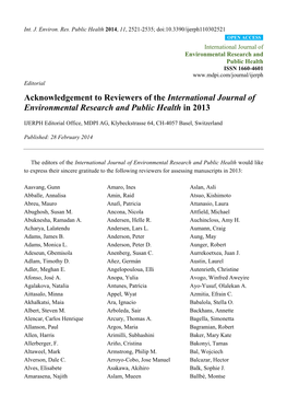 Acknowledgement to Reviewers of the International Journal of Environmental Research and Public Health in 2013