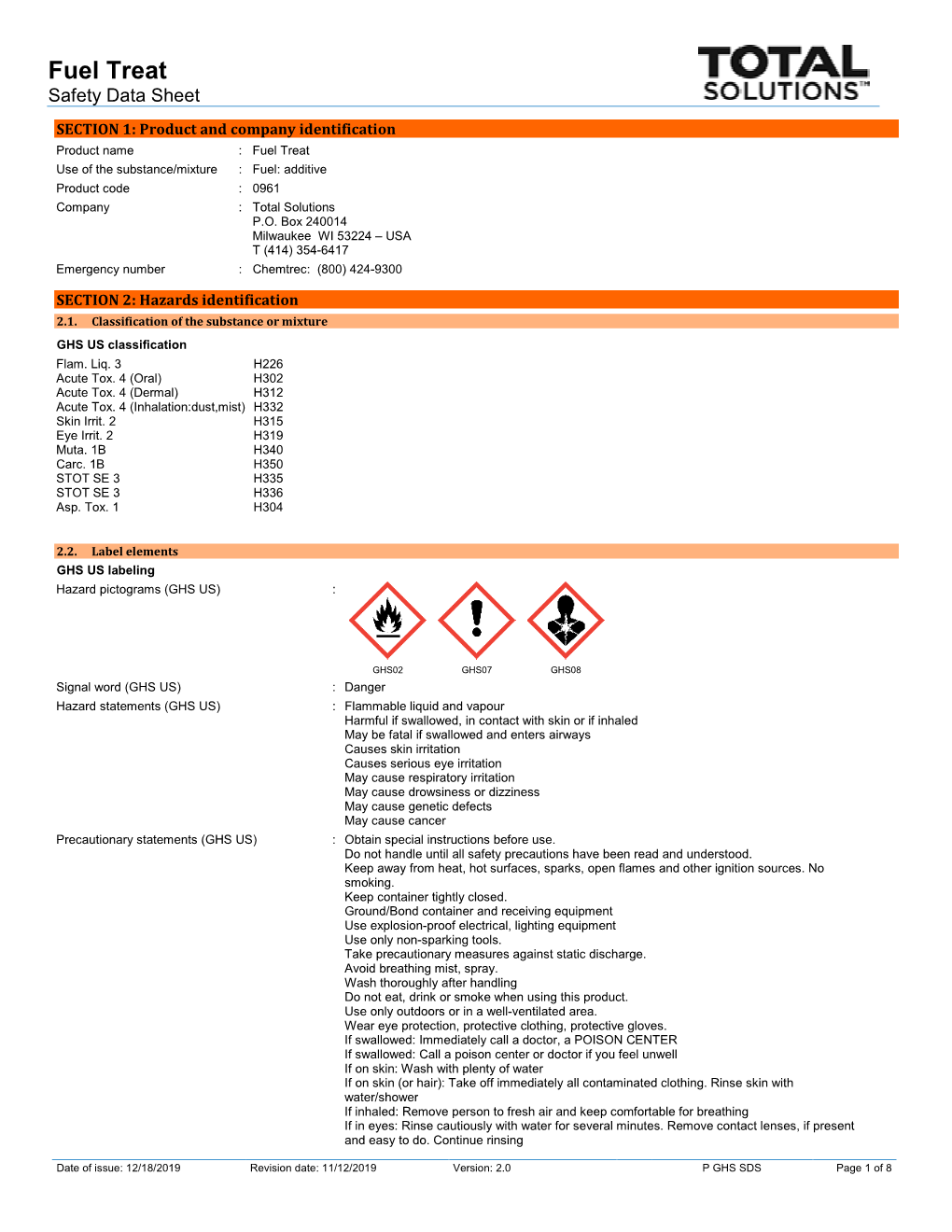 Fuel Treat Safety Data Sheet