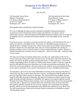 Letter to Speaker Pelosi and Minority Leader Mccarthy About Housing