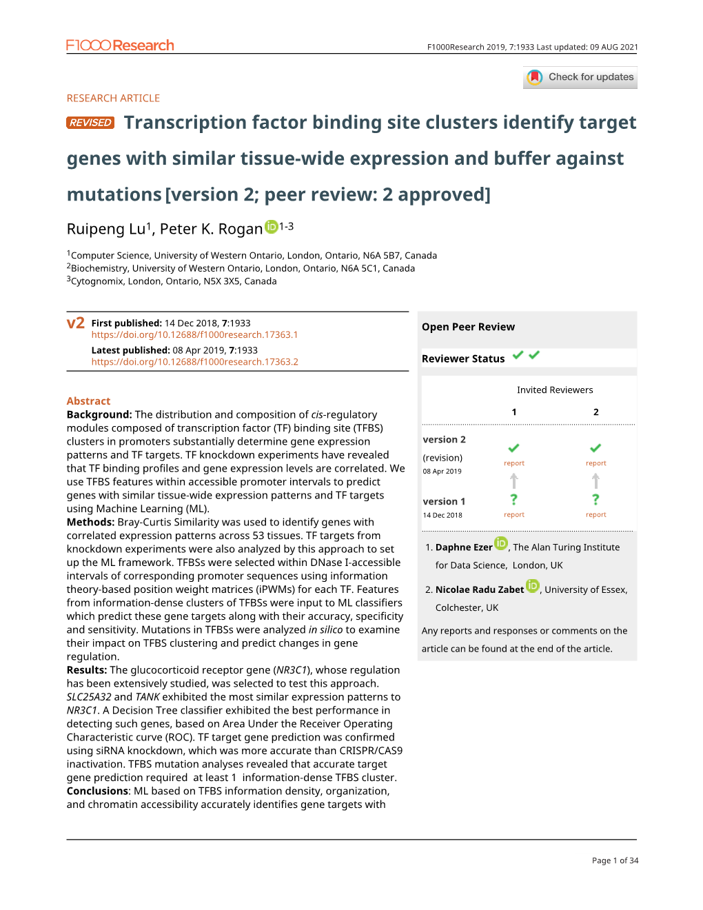 Transcription Factor Binding Site Clusters Identify Target Genes with Similar Tissue-Wide Expression and Buffer Against Mutations [Version 2; Peer Review: 2 Approved]