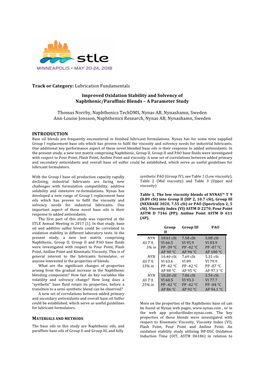 Improved Oxidation Stability and Solvency of Naphthenic/Paraffinic Blends – a Parameter Study
