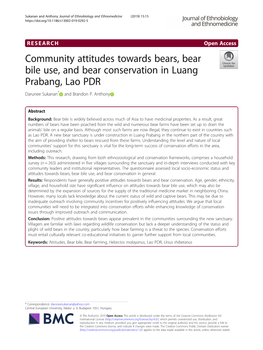 Community Attitudes Towards Bears, Bear Bile Use, and Bear Conservation in Luang Prabang, Lao PDR Darunee Sukanan* and Brandon P