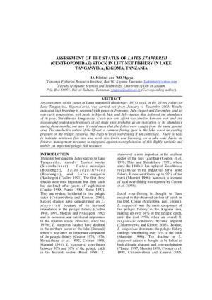 Assessment of the Status of Lates Stappersii (Centropomidae) Stock in Lift-Net Fishery in Lake Tanganyika, Kigoma, Tanzania