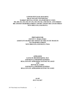 Lower Pontalba Building Real Estate Counseling Market Rental Study- 28 Apartment Units 503, 509, 511, 515, 519, 527, 531, 535, 539, 541, and 543 St