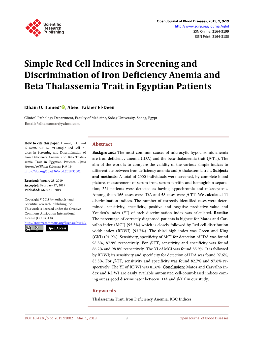 Simple Red Cell Indices in Screening and Discrimination of Iron Deficiency Anemia and Beta Thalassemia Trait in Egyptian Patients