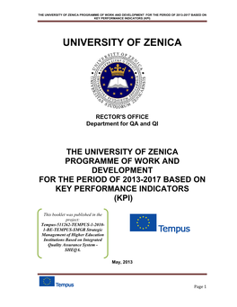 University of Zenica Programme of Work and Development for the Period of 2013-2017 Based on Key Performance Indicators (Kpi)