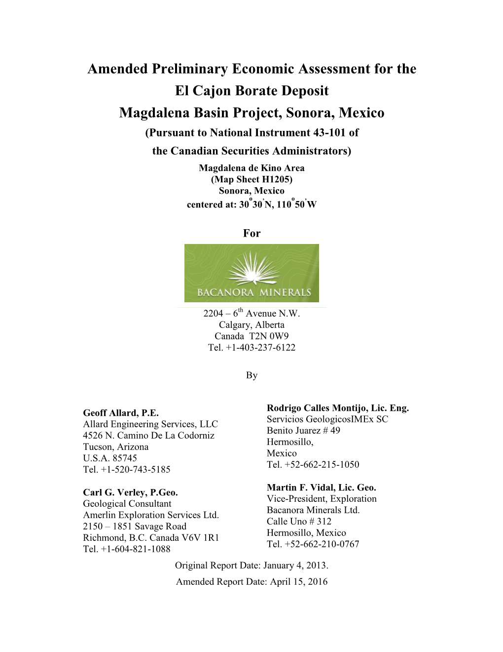 Amended Preliminary Economic Assessment for the El Cajon Borate