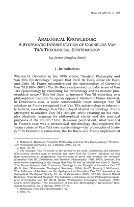 Analogical Knowledge: a Systematic Interpretation of Cornelius Van Til’S Theological Epistemology