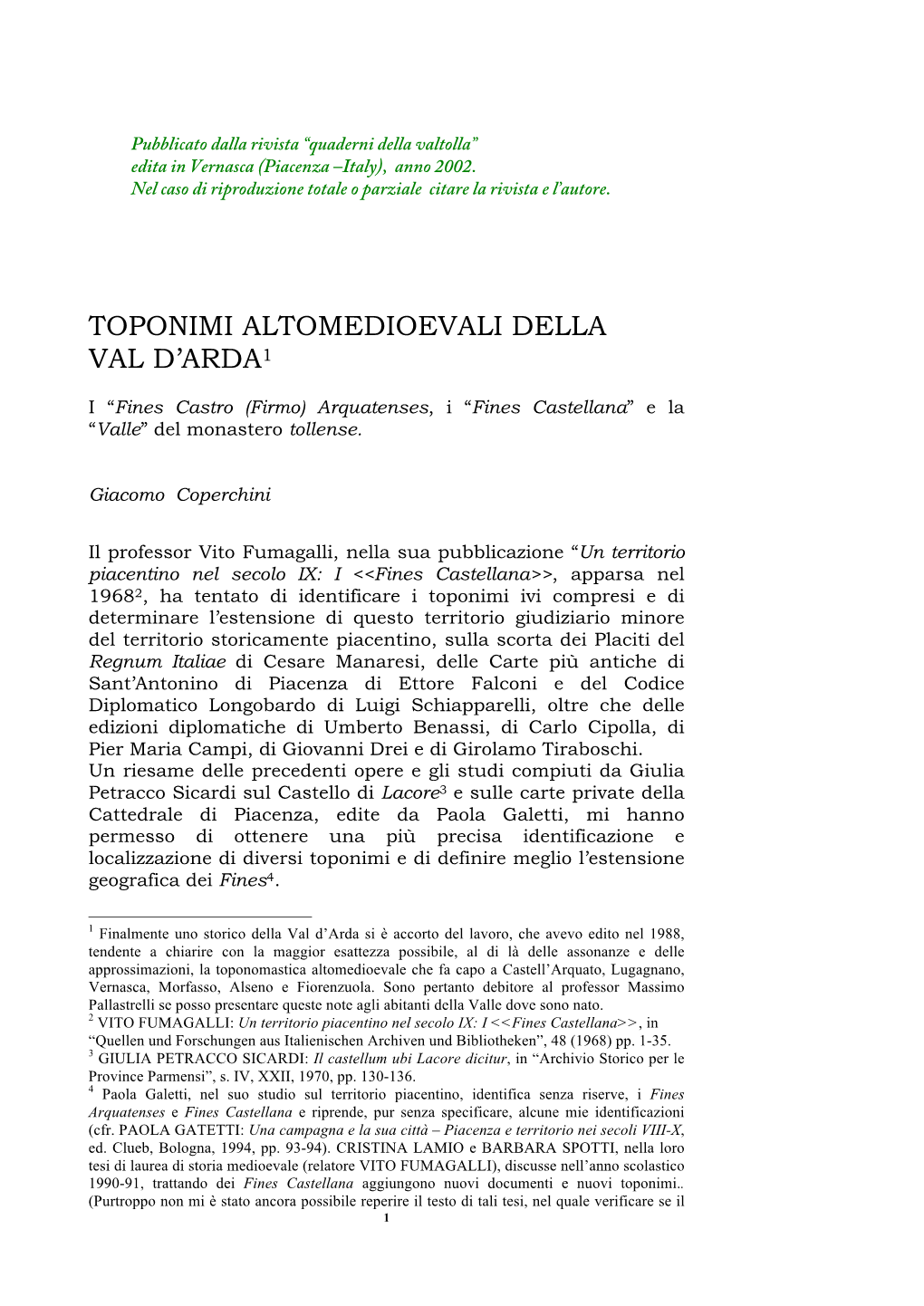 Toponimi Altomedioevali Della Val D'arda1