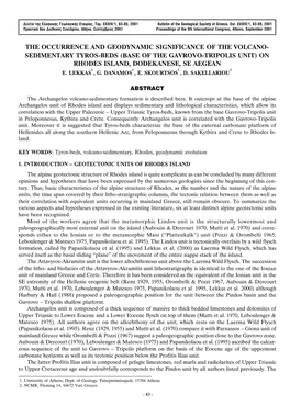 The Occurrence and Geodynamic Significance of the Volcano- Sedimentary Tyros-Beds (Base of the Gavrovo-Tripolis Unit) on Rhodes Island, Dodekanese, Se Aegean E