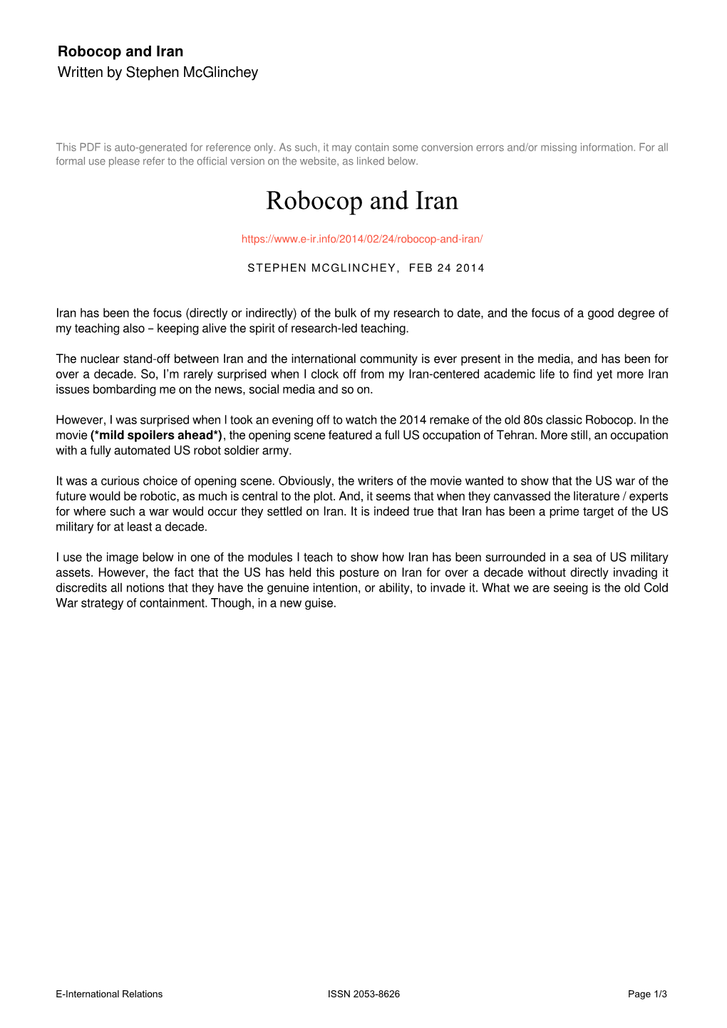 Robocop and Iran Written by Stephen Mcglinchey