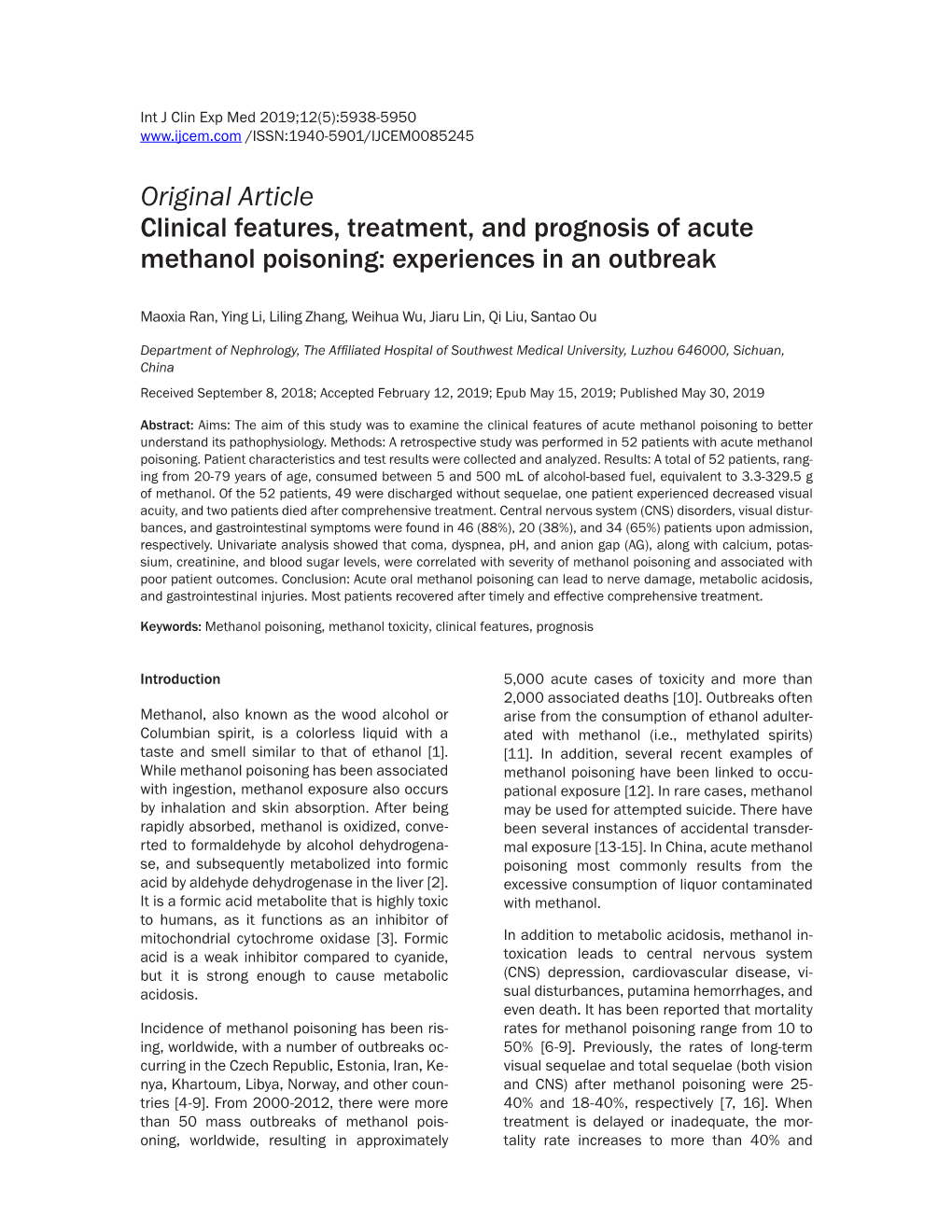 Original Article Clinical Features, Treatment, and Prognosis of Acute Methanol Poisoning: Experiences in an Outbreak