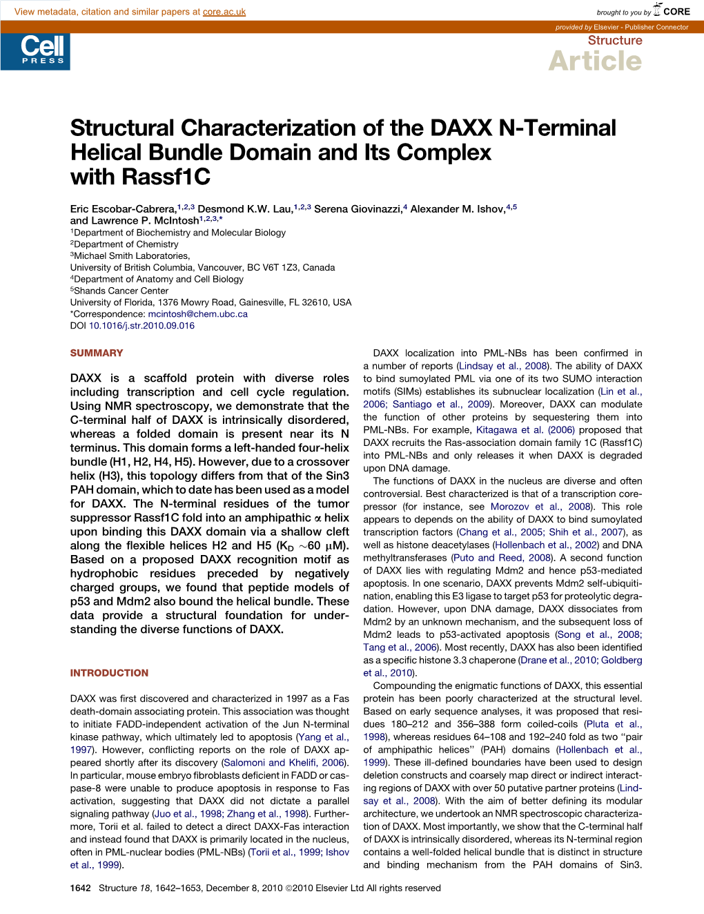 Structural Characterization of the DAXX N-Terminal Helical Bundle Domain and Its Complex with Rassf1c