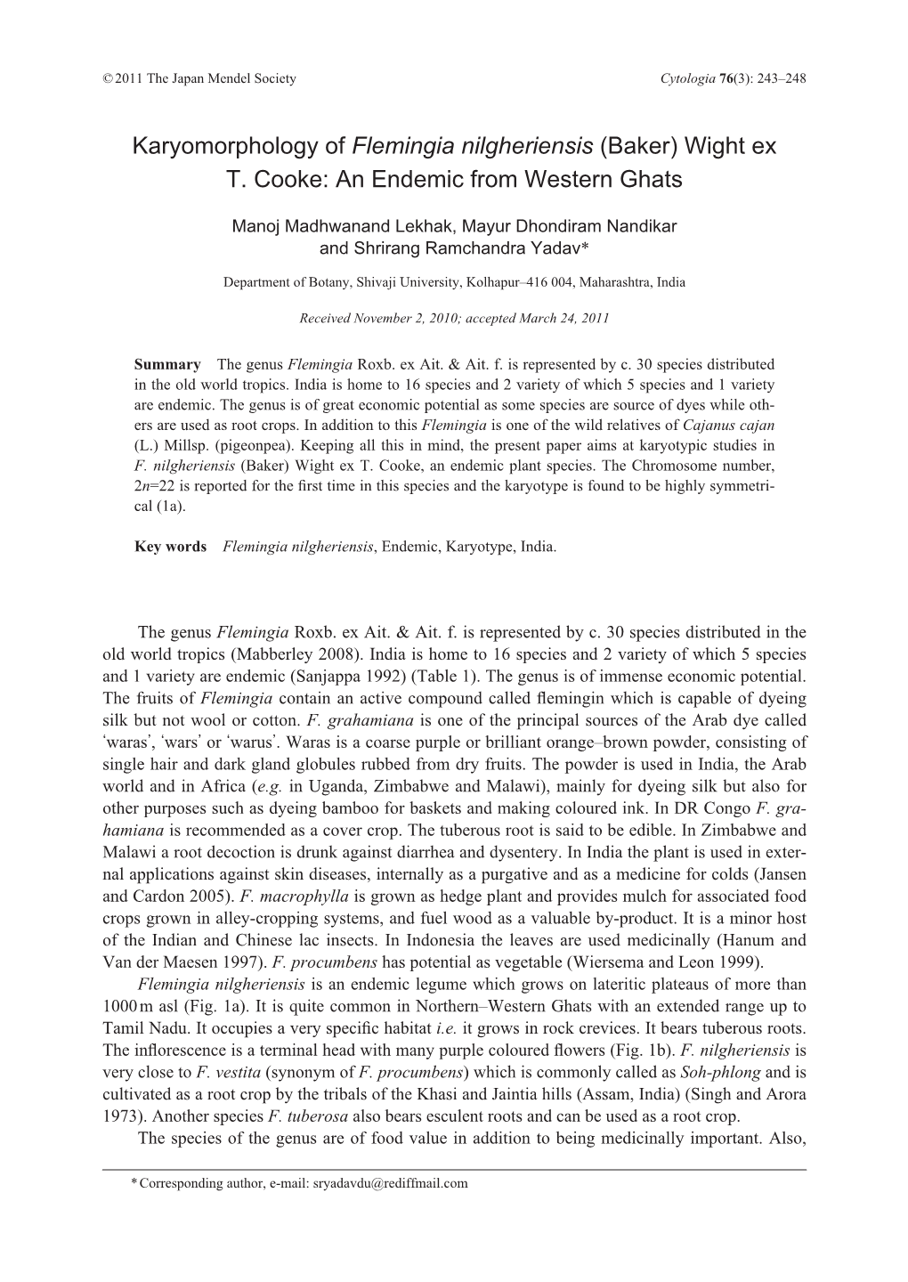 Karyomorphology of Flemingia Nilgheriensis (Baker) Wight Ex T