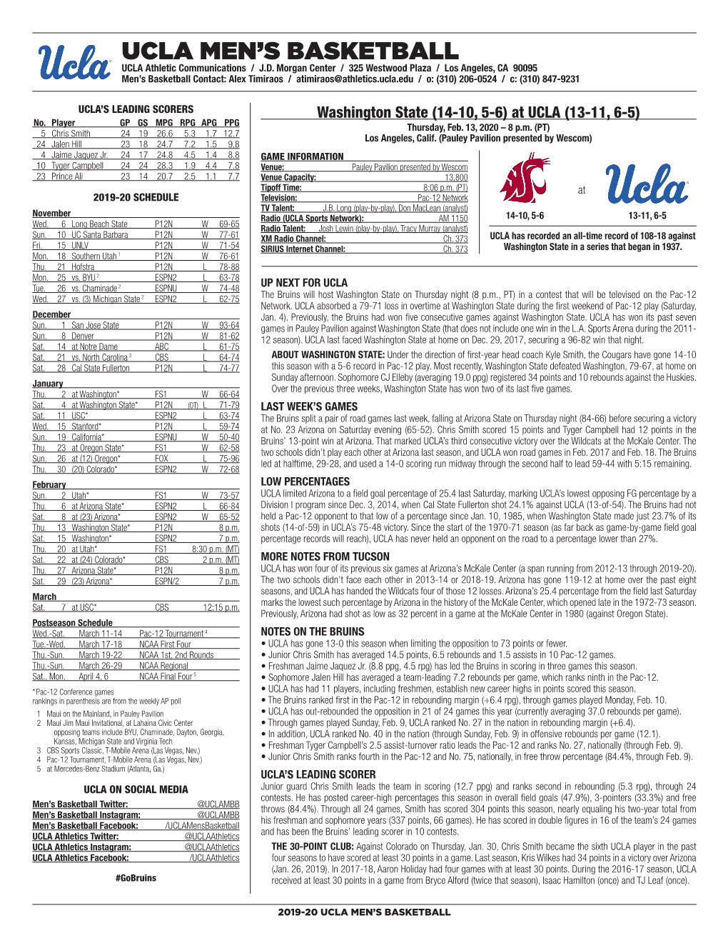 UCLA Men's Basketball UCLA’Sucla SEASON/Careerseason/Career Statistics (As of Feb 08, STATS 2020) 2019-20 ROSTER All Games