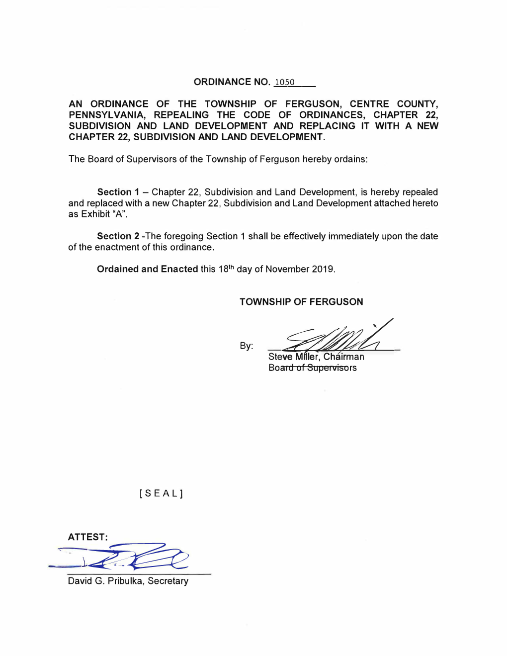 Ordinance No. 1050 an Ordinance of the Township of Ferguson, Centre County, Pennsylvania, Repealing the Code of Ordinances, Chap