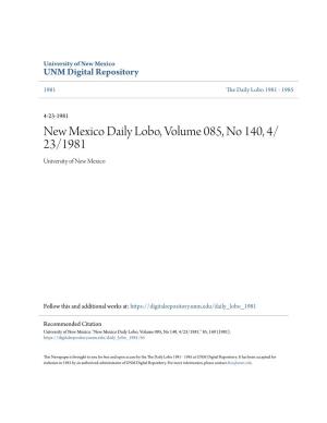New Mexico Daily Lobo, Volume 085, No 140, 4/23/1981." 85, 140 (1981)