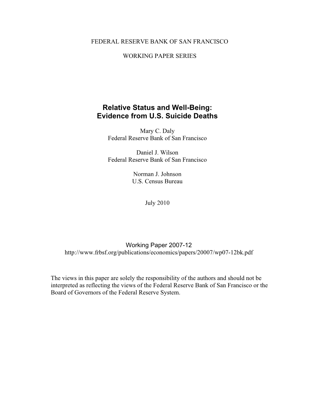 Relative Status and Well-Being: Evidence from U.S. Suicide Deaths