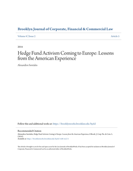 Hedge Fund Activism Coming to Europe: Lessons from the American Experience Alexandros Seretakis