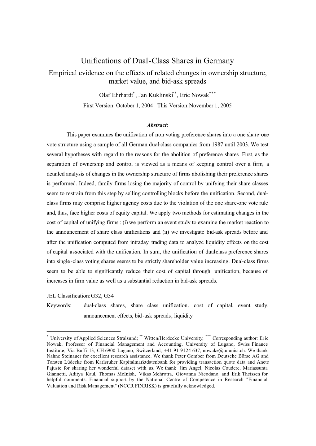 Unifications of Dual-Class Shares in Germany Empirical Evidence on the Effects of Related Changes in Ownership Structure, Market Value, and Bid-Ask Spreads