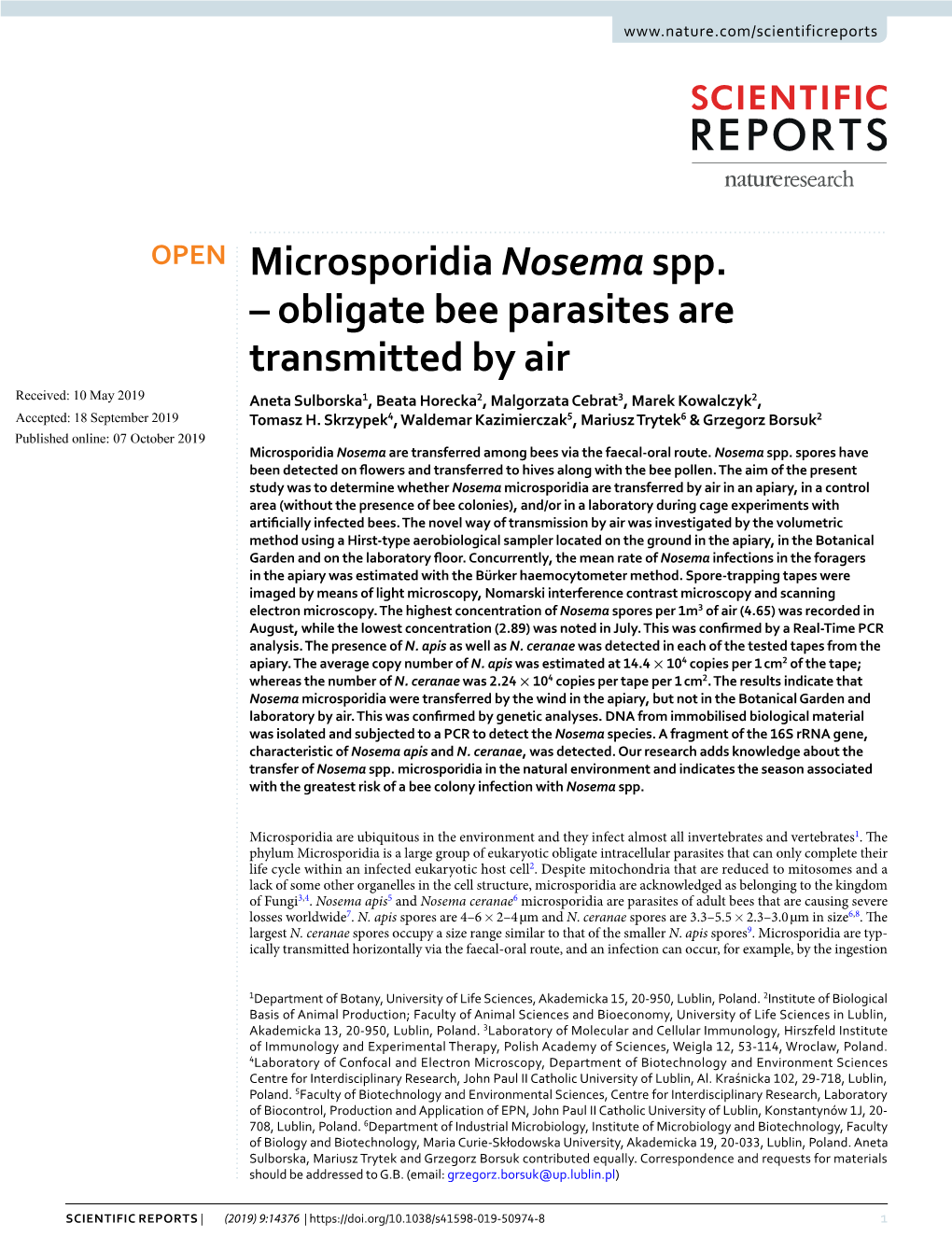 Microsporidia Nosema Spp. – Obligate Bee Parasites Are Transmitted By