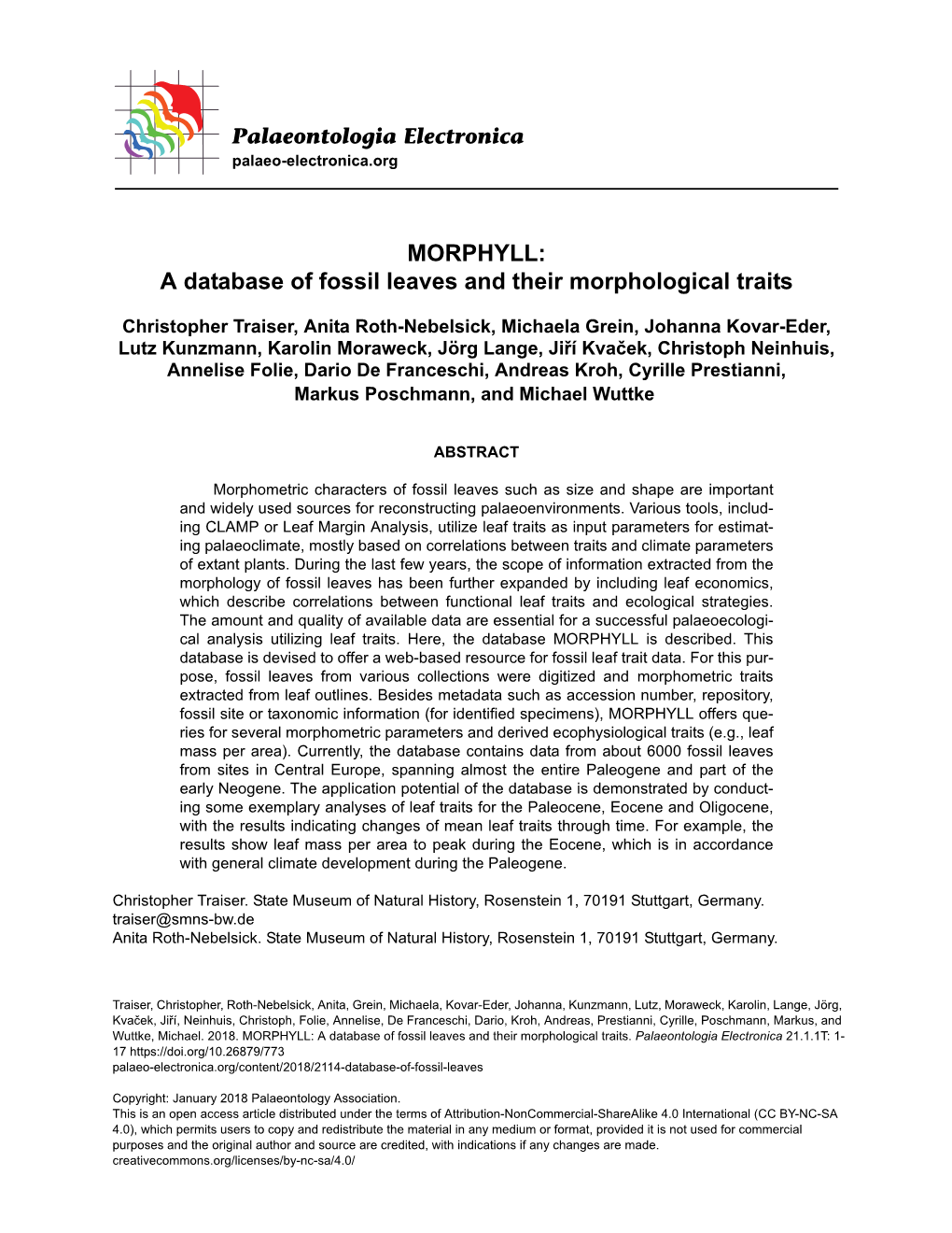 A Database of Fossil Leaves and Their Morphological Traits