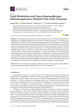 Lipid Metabolism and Cancer Immunotherapy: Immunosuppressive Myeloid Cells at the Crossroad