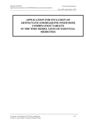 Application for Inclusion of Artesunate/Amodiaquine Fixed Dose Combination Tablets in the Who Model Lists of Essential Medicines