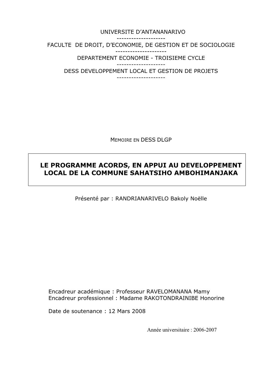 Le Programme Acords, En Appui Au Developpement Local De La Commune Sahatsiho Ambohimanjaka