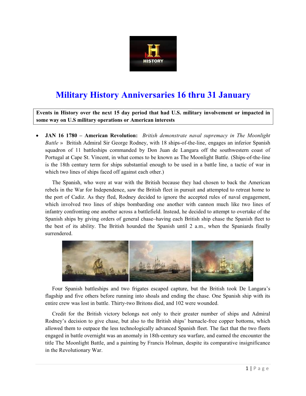 Military History Anniversaries 16 Thru 31 January