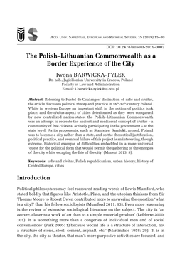 The Polish–Lithuanian Commonwealth As a Border Experience of the City Iwona BARWICKA-TYLEK Dr