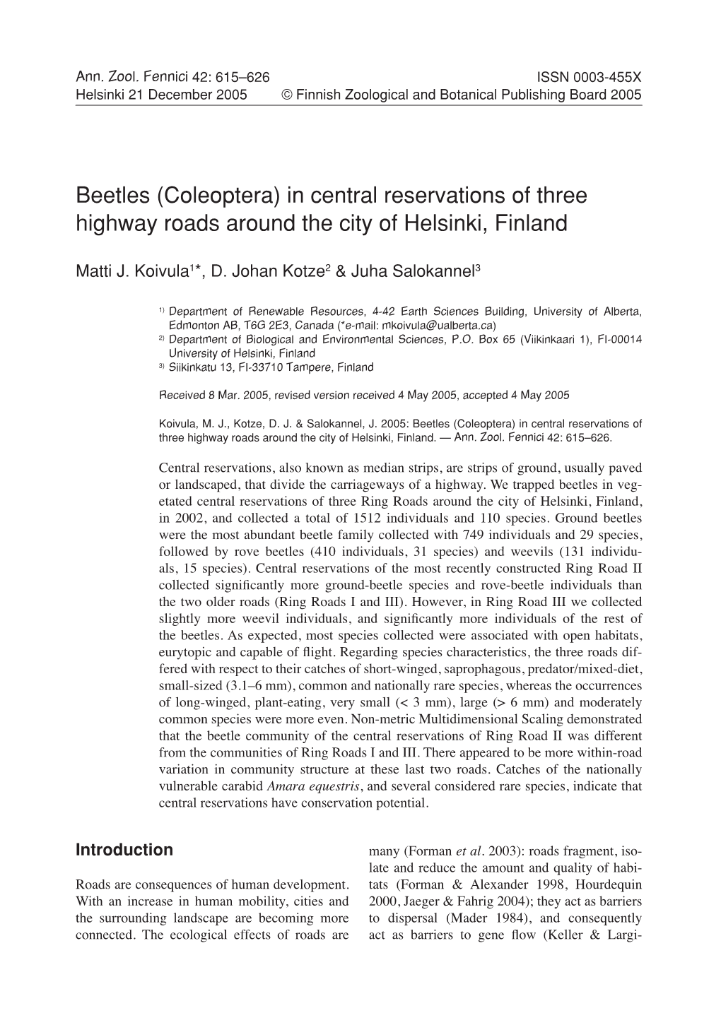 Beetles (Coleoptera) in Central Reservations of Three Highway Roads Around the City of Helsinki, Finland