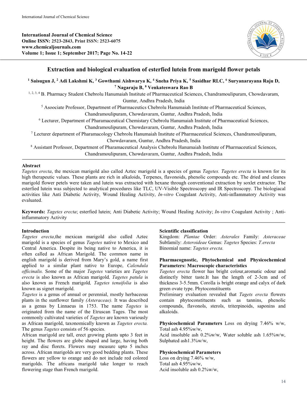 Extraction and Biological Evaluation of Esterfied Lutein from Marigold Flower Petals